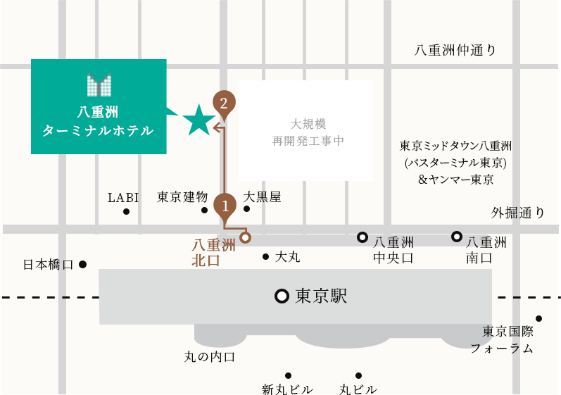 マップ：JR東京駅八重洲北口からホテルまでのルート